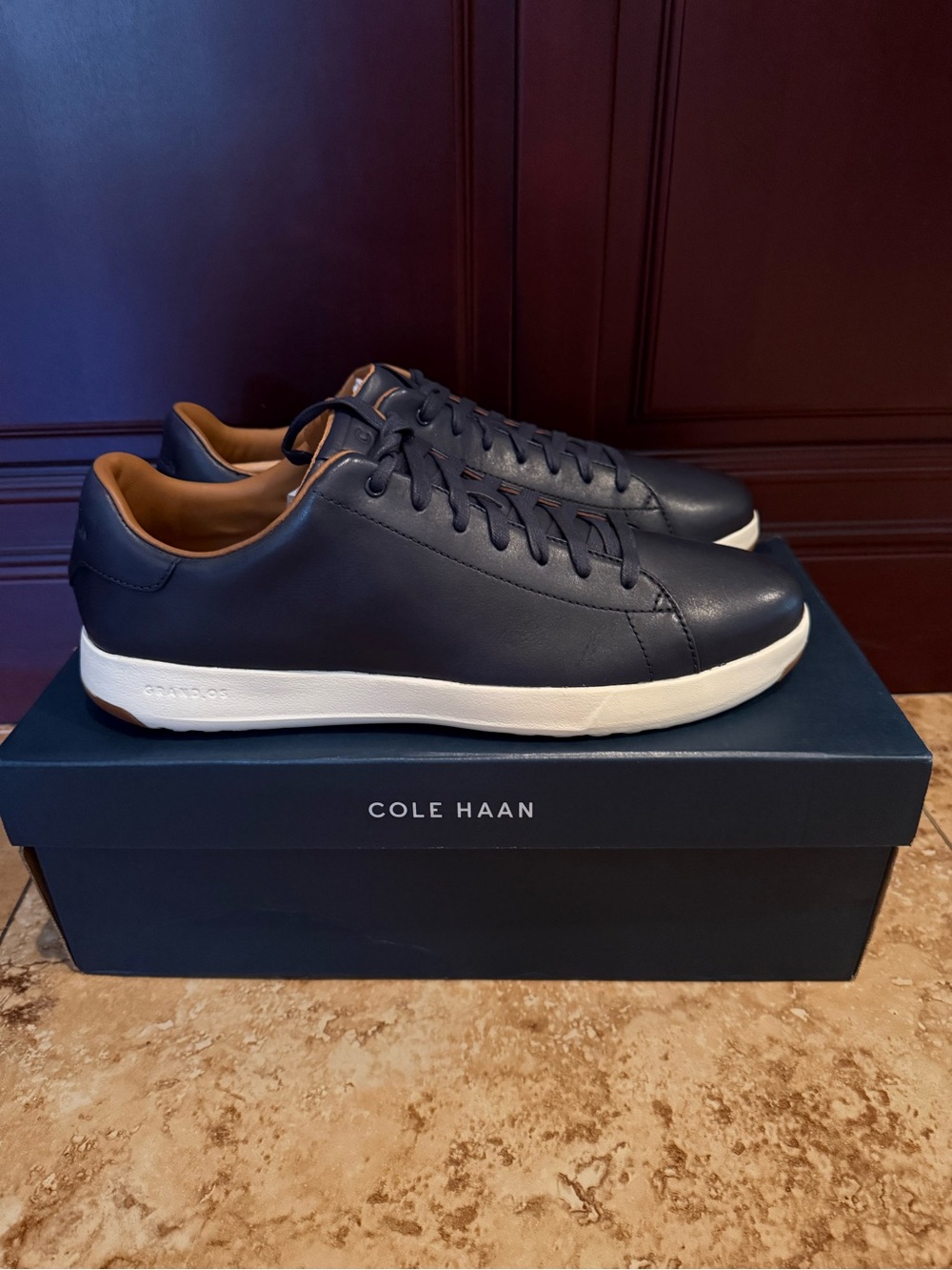 Cole Haan Navy Leather Low-Top Sneakers with White Sole